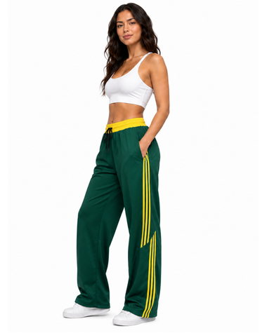 Pantalón Deportivo Oversized Mujer Verde con Franjas Amarillas | Tela Nova | ENKI