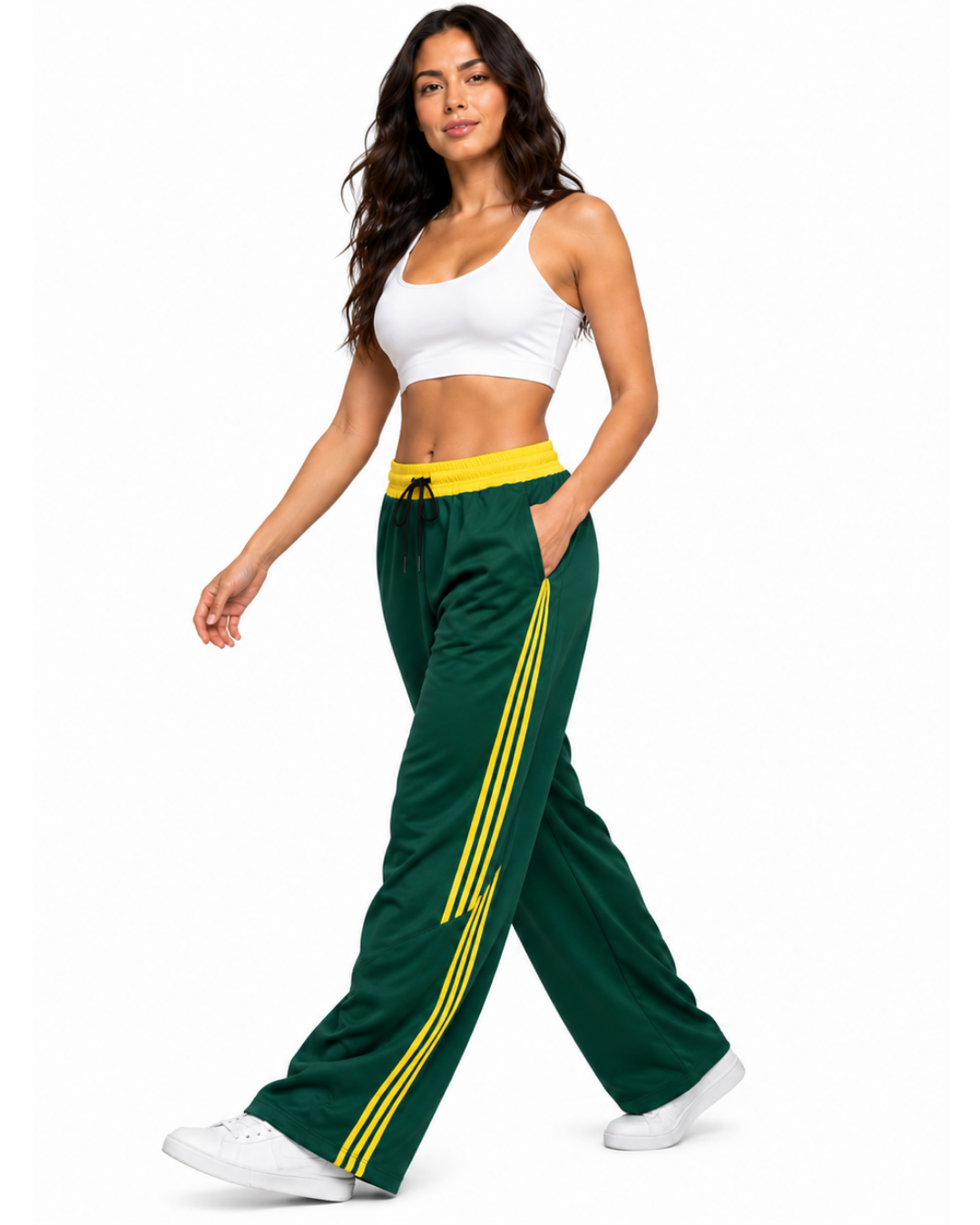 Pantalón Deportivo Oversized Verde con Franjas Amarillas — Tela Nova | Mujer | ENKI - ENKI ModaStyle