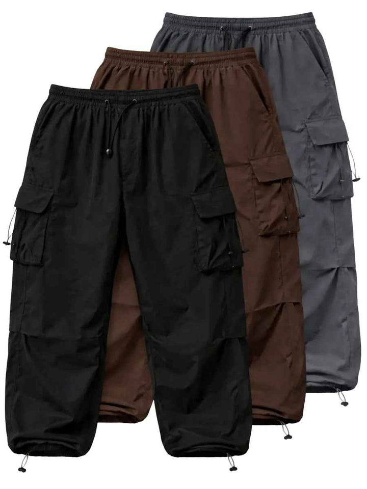 Pack x3 Pantalón Parachute Cargo Hombre en Negro, Marrón y Gris