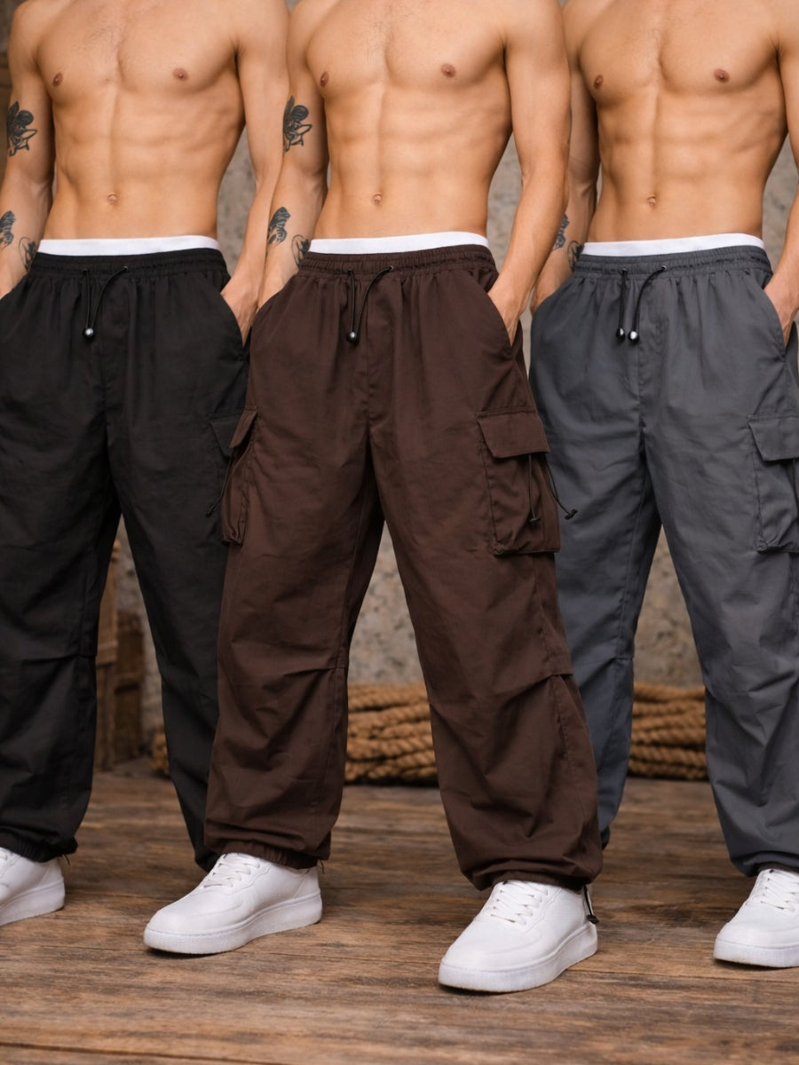 Pack x3 Parachute Cargo Hombre Negro Marrón Gris Tela Mojada ENKI ModaStyle