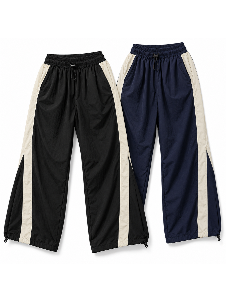 Pack x2 pantalón Aura Oversized para mujer en tela mojada, un negro y un azul marino, con franjas laterales en tono contraste