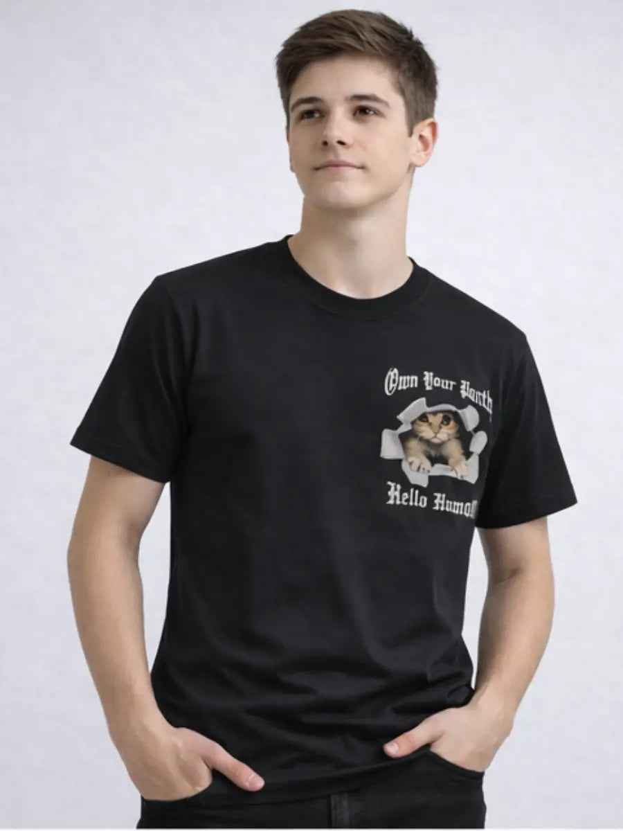 Polo Hombre Estampado Gato Algodón Jersey Cuello Redondo