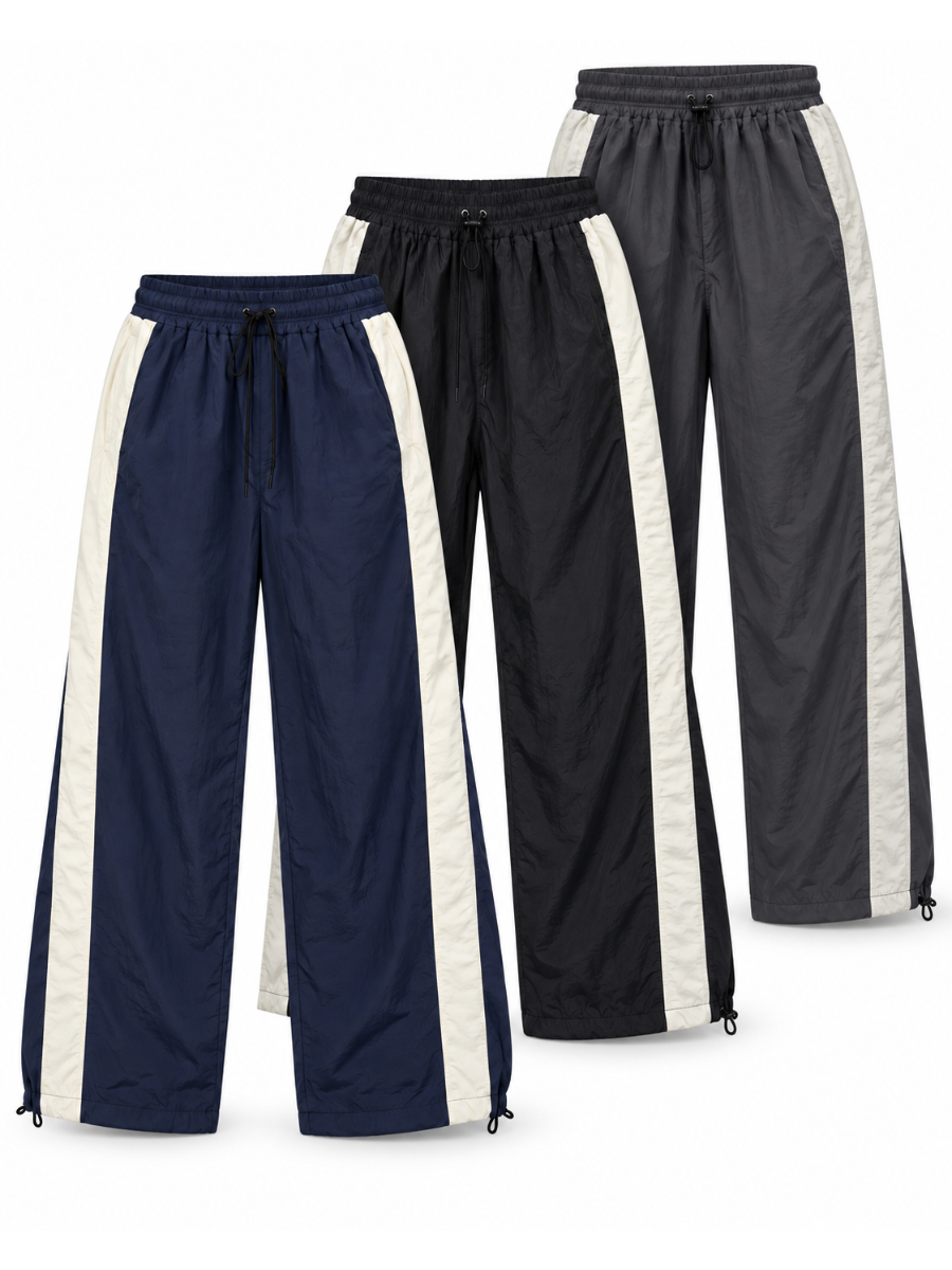 Pack x3 pantalón Aura Oversized para mujer en tela mojada, azul marino, negro y gris, con franjas laterales en tono contraste