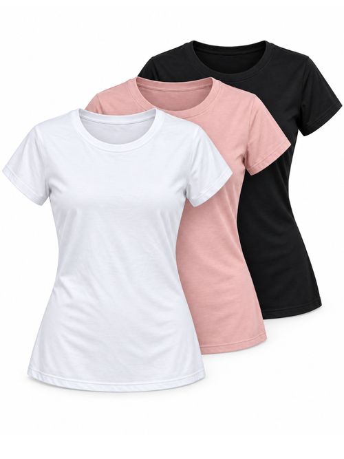 Pack de tres polos Valeria para mujer con cuello redondo y manga corta en blanco, palo rosa y negro.