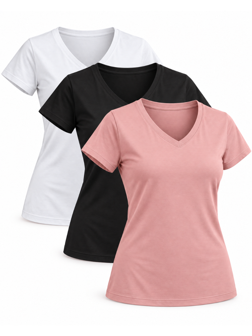 Pack de tres polos Valeria para mujer con cuello V y manga corta en blanco, negro y palo rosa.