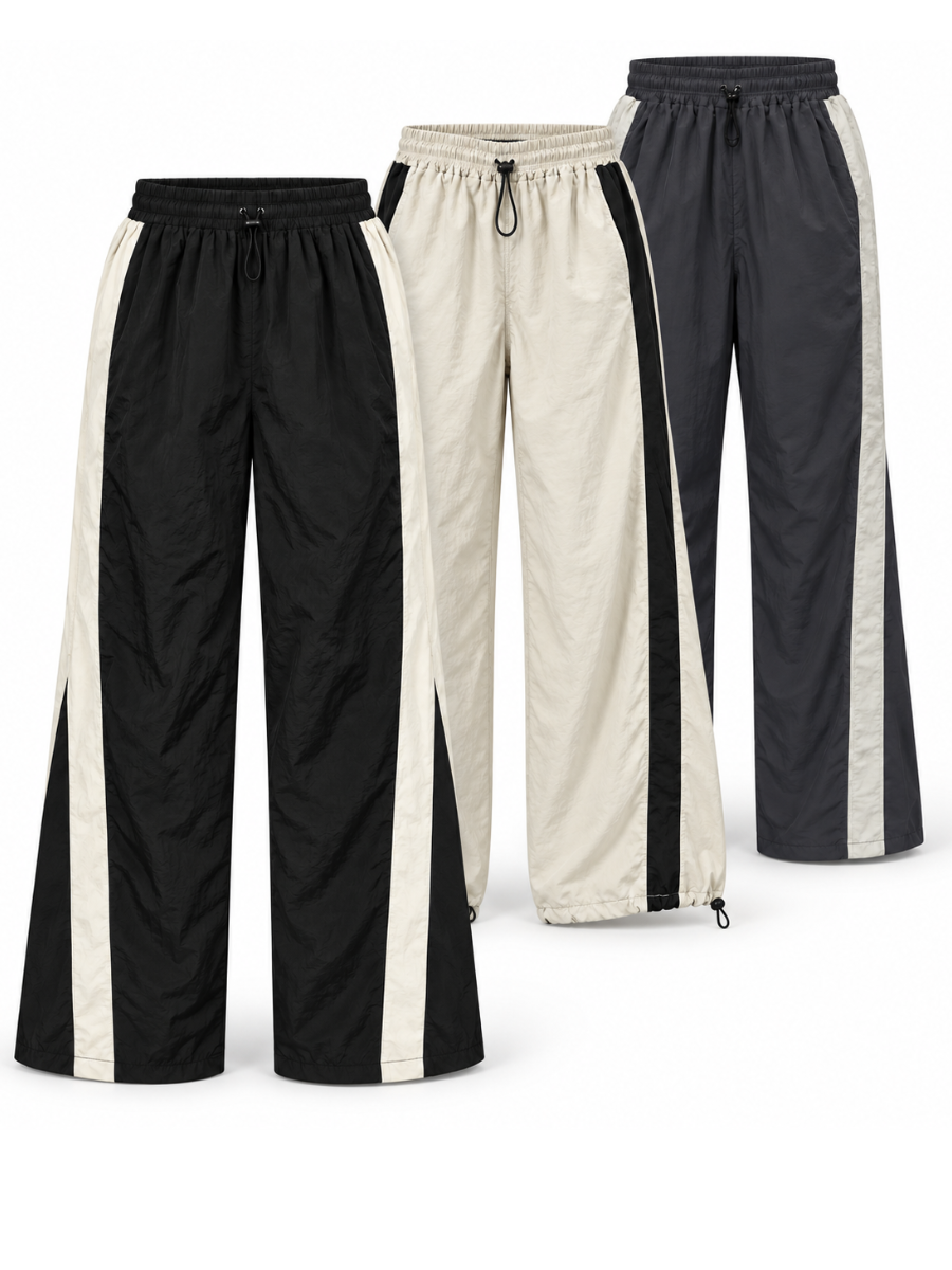 Pack x3 pantalón Aura Oversized para mujer en tela mojada, hueso, negro y gris, con franjas laterales en tono contraste