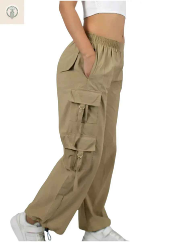 Pantalón Multicargo Mujer Beige Tela Mojada Premium