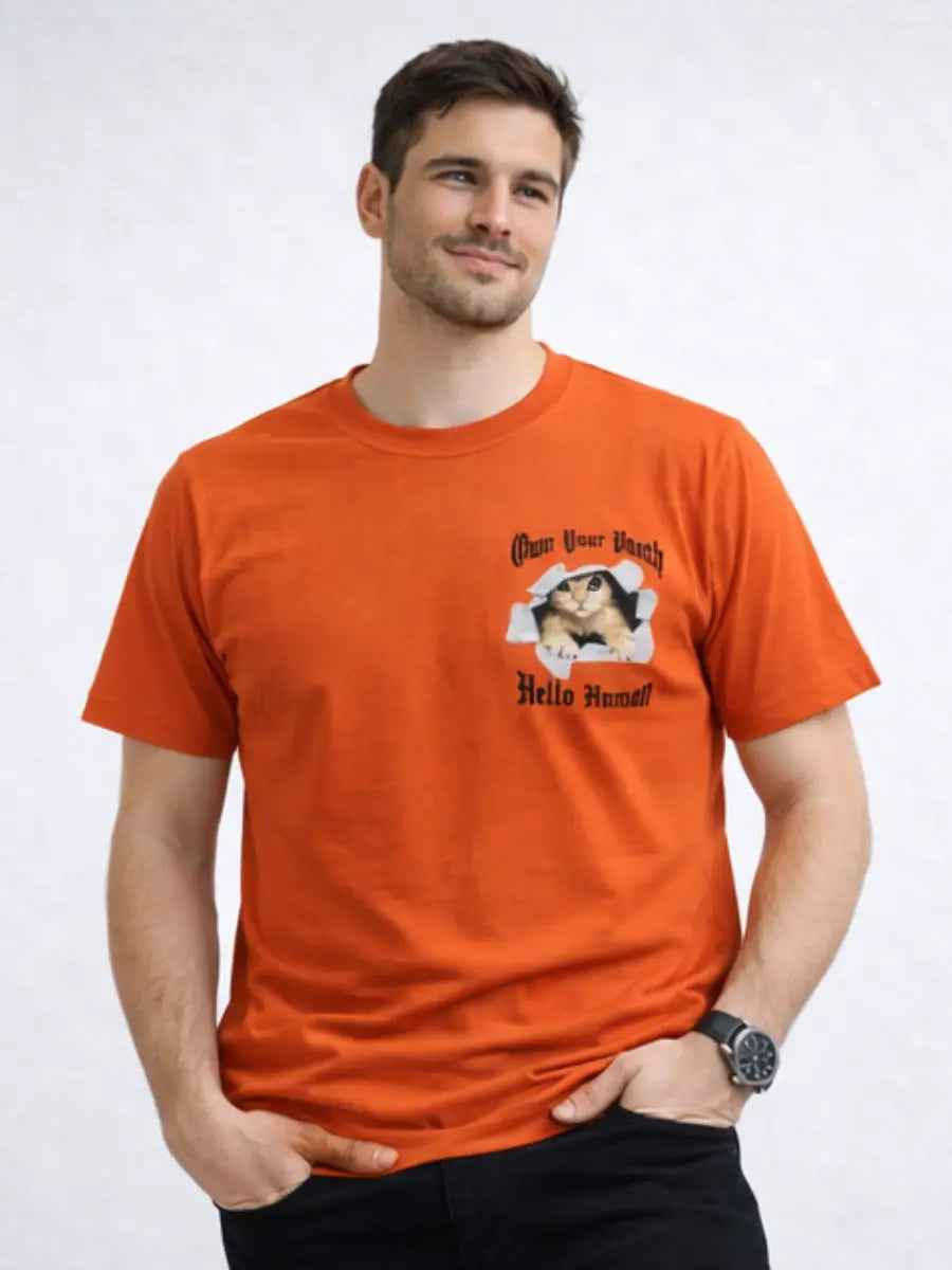 Polo Hombre Estampado Gato Algodón Jersey Cuello Redondo