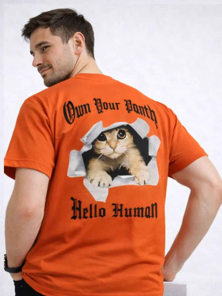 Polo Hombre Estampado Gato Algodón Jersey Cuello Redondo