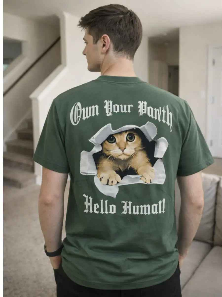 Polo Hombre Estampado Gato Algodón Jersey Cuello Redondo