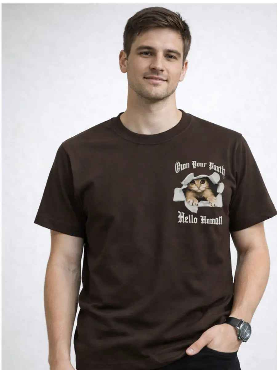 Polo Hombre Estampado Gato Algodón Jersey Cuello Redondo