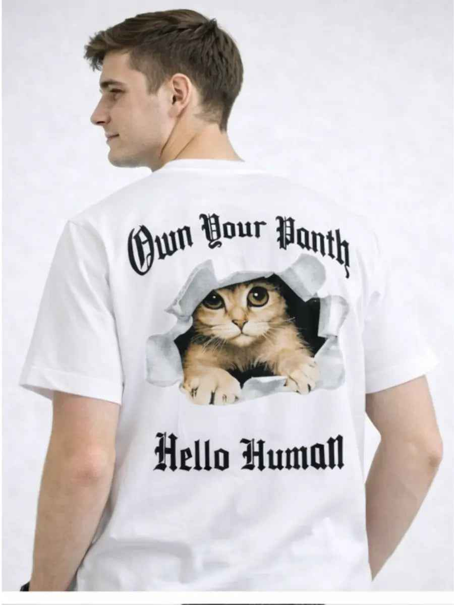 Polo Hombre Estampado Gato Algodón Jersey Cuello Redondo