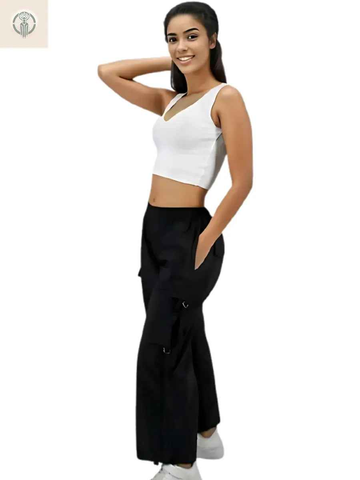 Pantalón Multicargo Mujer Negro Tela Mojada Premium - Estilo y Comodidad