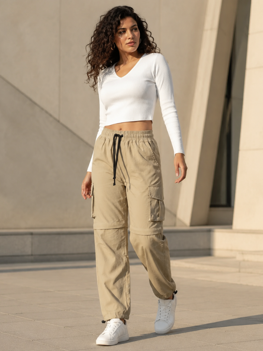 Pantalón Cargo Convertible Tela Mojada Mujer Pack x2 | Beige y Hueso | Parachute Fit
