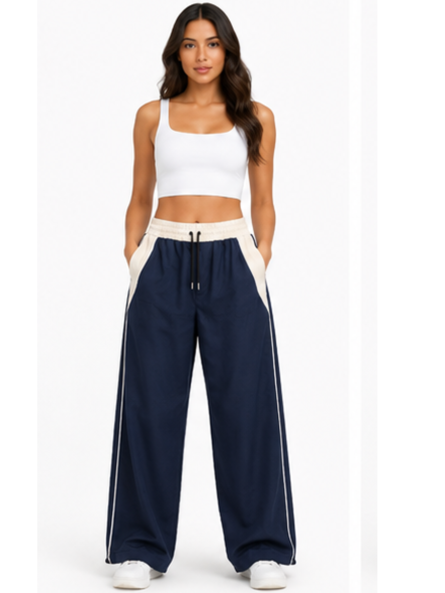 Pantalón Deportivo Oversized Azul Marino Bicolor — Tela Nova | Mujer | ENKI - ENKI ModaStyle