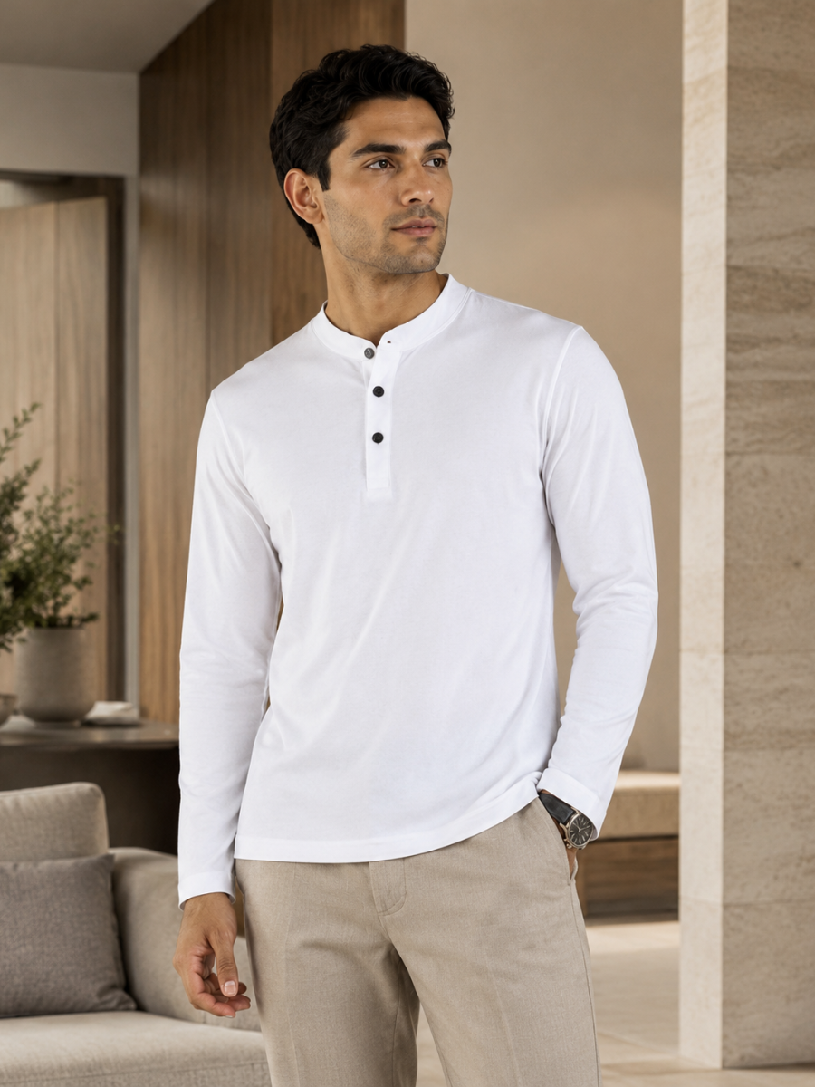 Polo Manga Larga Cuello Mao Hombre Color Blanco | Classic Fit | ENKI ModaStyle