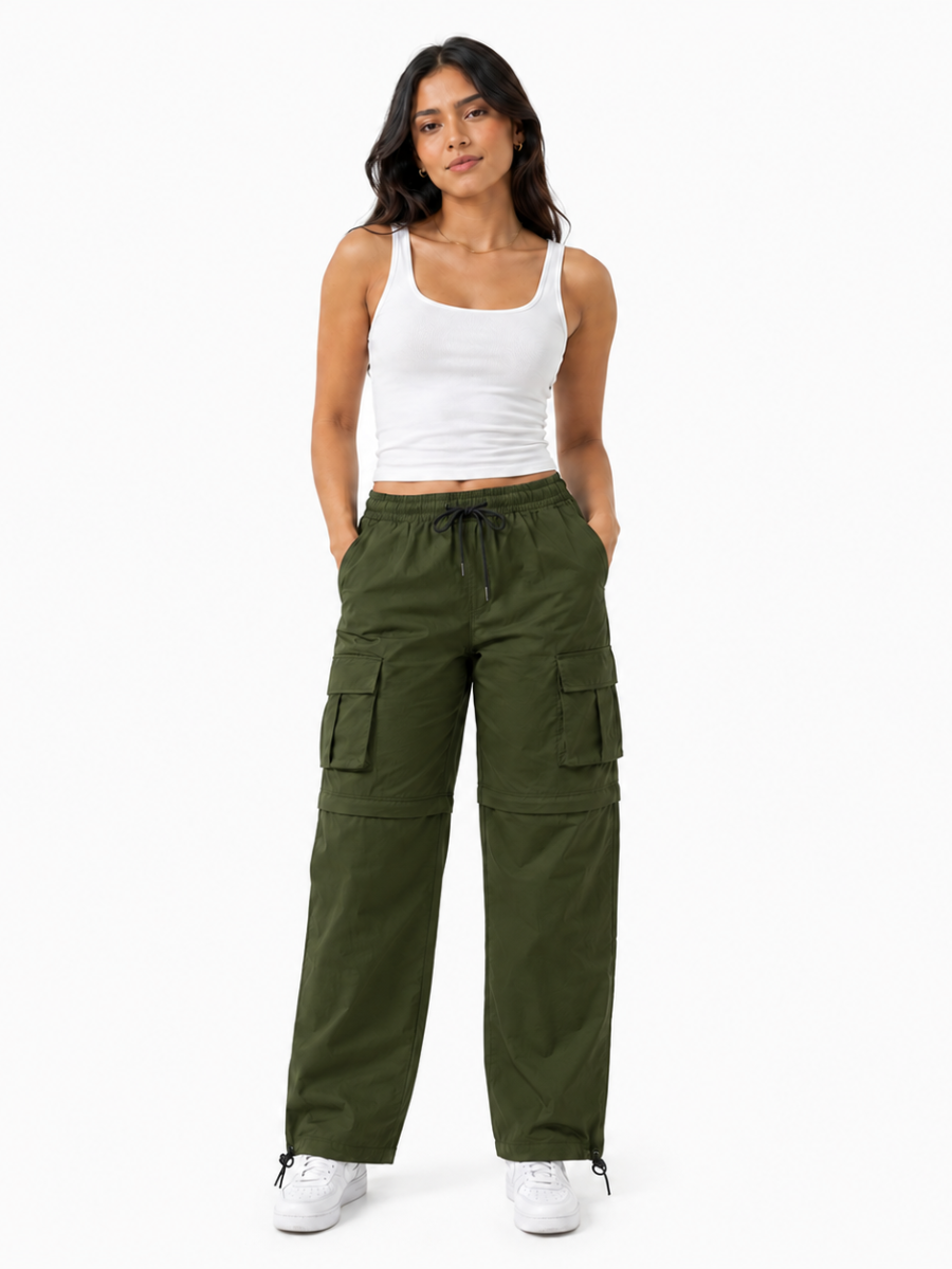 Pantalón Cargo Convertible Verde Militar — Tela Mojada | Mujer | ENKI - ENKI ModaStyle