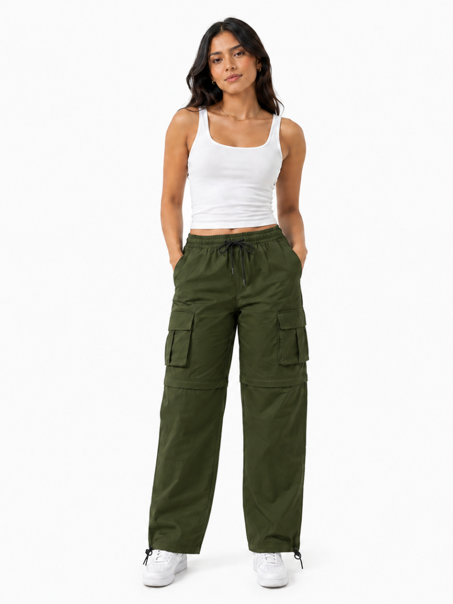 Pantalón Cargo Convertible Verde Militar — Tela Mojada | Mujer | ENKI - ENKI ModaStyle