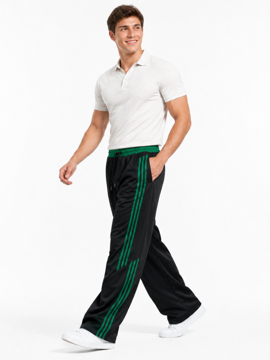 Pantalón Oversized Hombre Negro Gym con Franjas Verdes para Streetwear - ENKI ModaStyle
