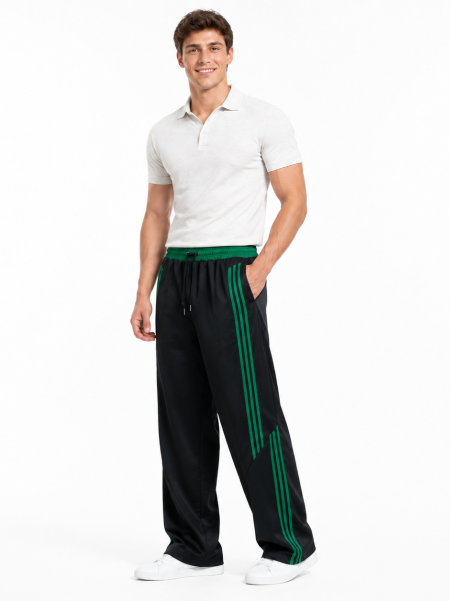 Pantalón Oversized Hombre Negro Gym con Franjas Verdes para Streetwear - ENKI ModaStyle