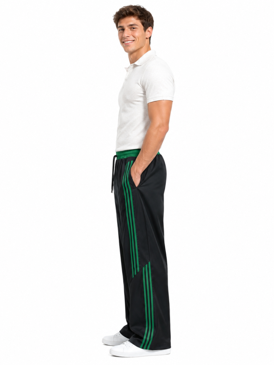 Pantalón Oversized Hombre Negro Gym con Franjas Verdes para Streetwear - ENKI ModaStyle