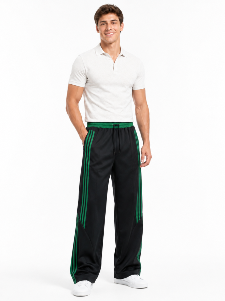Pantalón Oversized Hombre Negro Gym con Franjas Verdes para Streetwear - ENKI ModaStyle