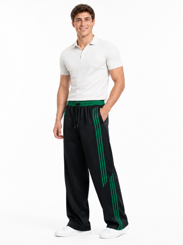 Pantalón Deportivo Oversized Negro — Tela Nova | Franjas Verdes | Hombre | ENKI