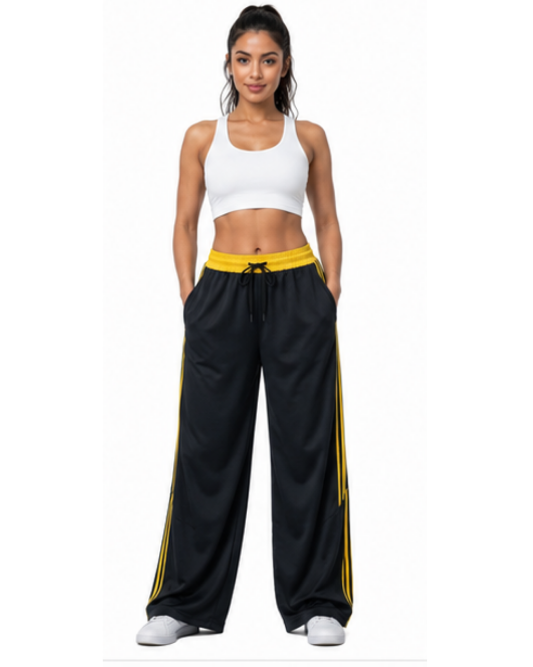 Pantalón Deportivo Oversized Negro con Franjas Amarillas — Tela Nova | Mujer | ENKI - ENKI ModaStyle