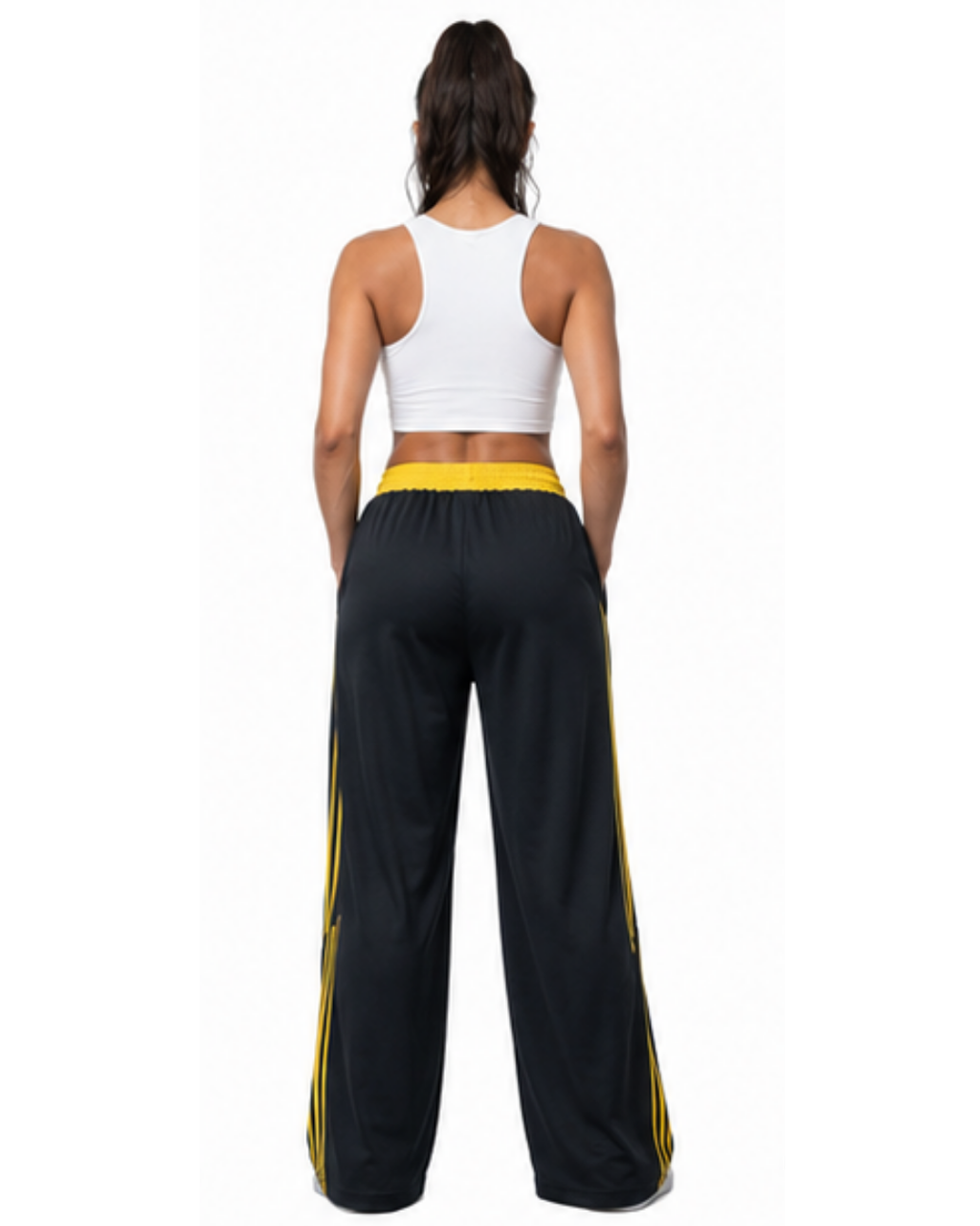 Pantalón Deportivo Oversized Negro con Franjas Amarillas — Tela Nova | Mujer | ENKI - ENKI ModaStyle