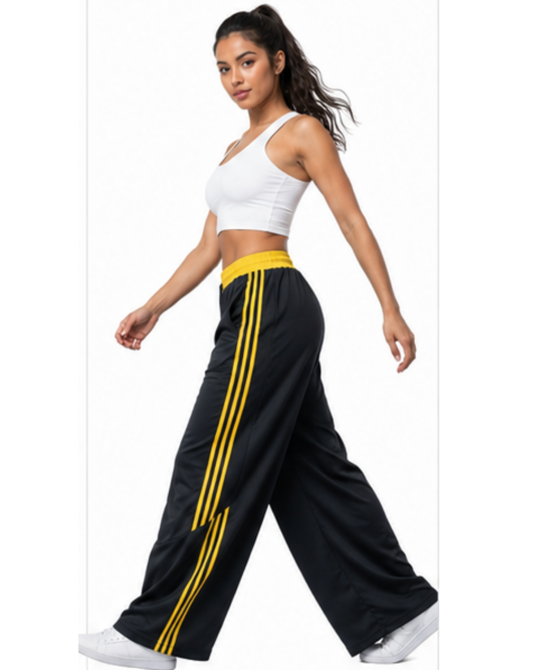 Pantalón Deportivo Oversized Negro con Franjas Amarillas — Tela Nova | Mujer | ENKI - ENKI ModaStyle