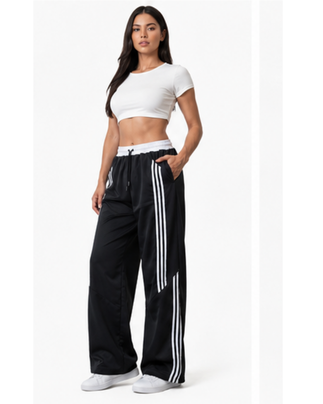 Pantalón Deportivo Oversized Negro con Franjas Blancas — Tela Nova | Mujer | ENKI - ENKI ModaStyle