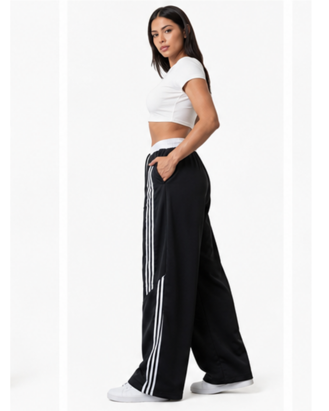 Pantalón Deportivo Oversized Negro con Franjas Blancas — Tela Nova | Mujer | ENKI - ENKI ModaStyle