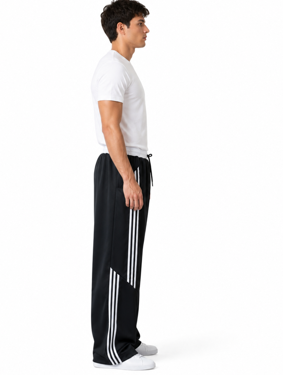 Pantalón Deportivo Oversized Negro con Franjas Blancas — Tela Nova | Hombre | ENKI
