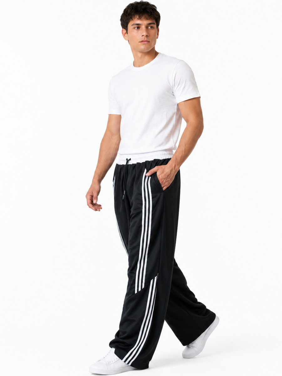 Pantalón Deportivo Oversized Negro con Franjas Blancas — Tela Nova | Hombre | ENKI