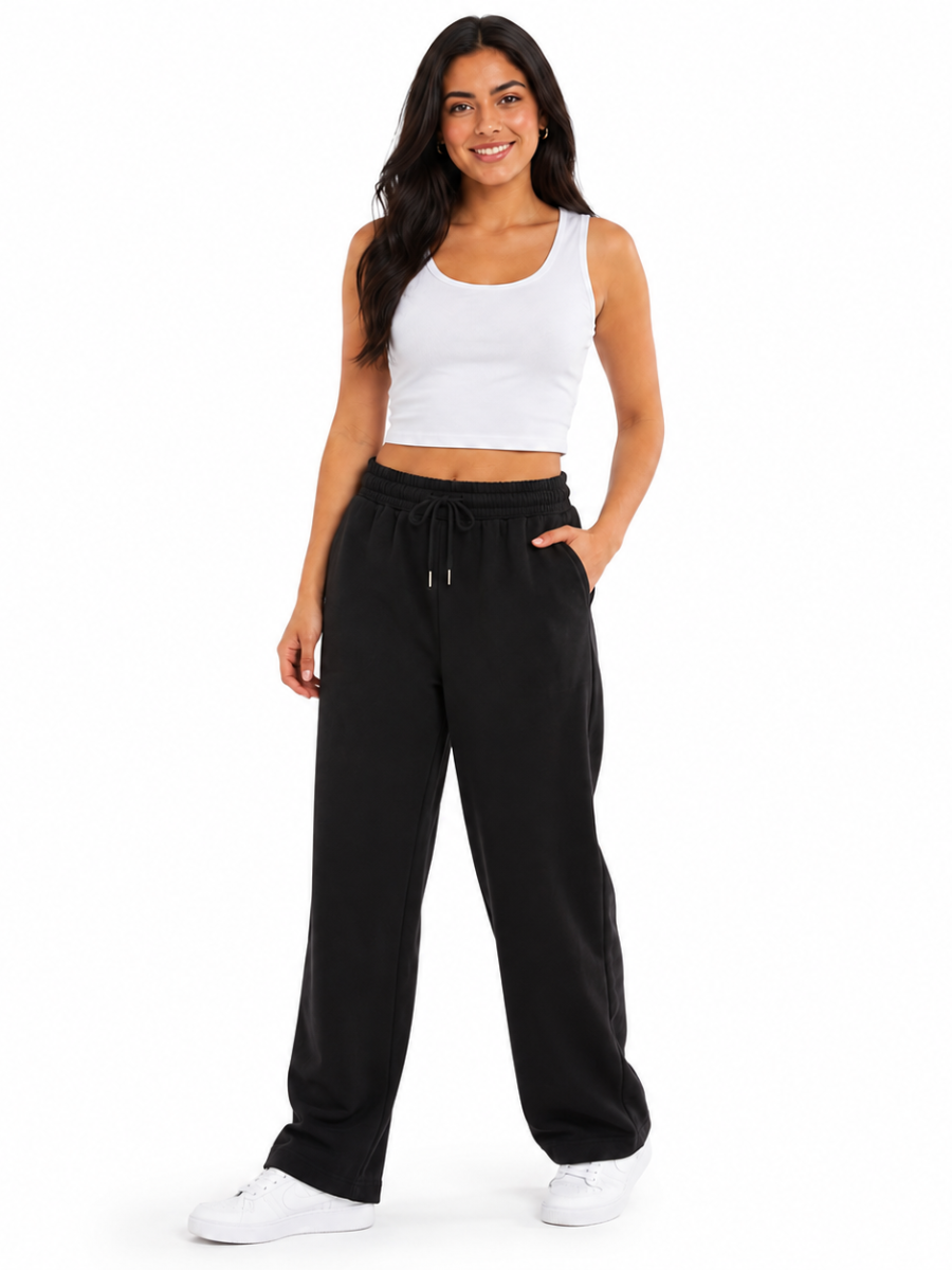 Pantalón Palazzo Mujer Negro French Terry Deli