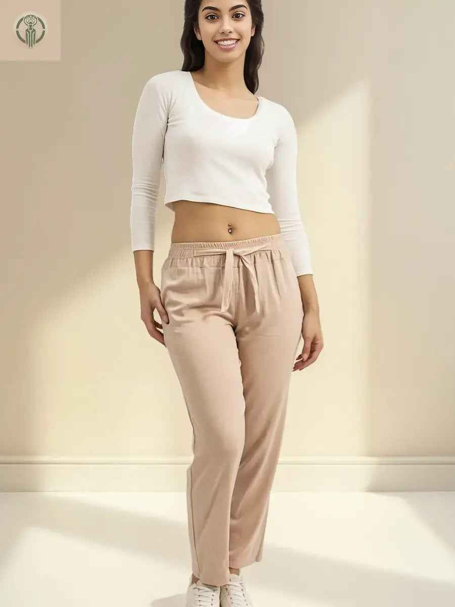 Pantalón Chalis Mujer Hueso Tela Ligera Caída Fluida