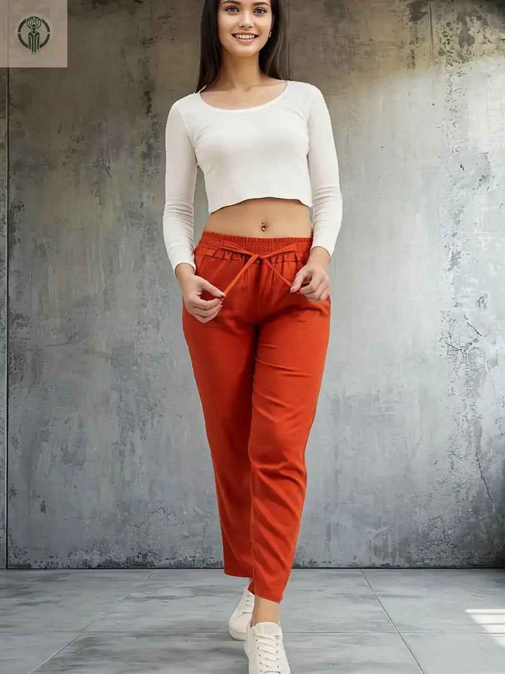 Pantalón Chalis Mujer Naranja Tela Ligera Caída Fluida