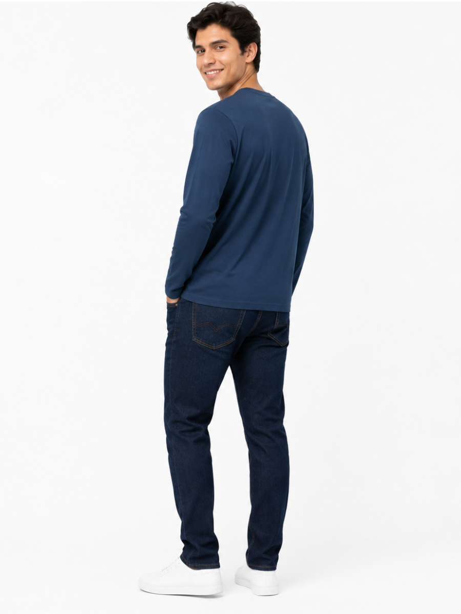 Polo Cuello Redondo Manga Larga Azul Navy Algodón Jersey Hombre