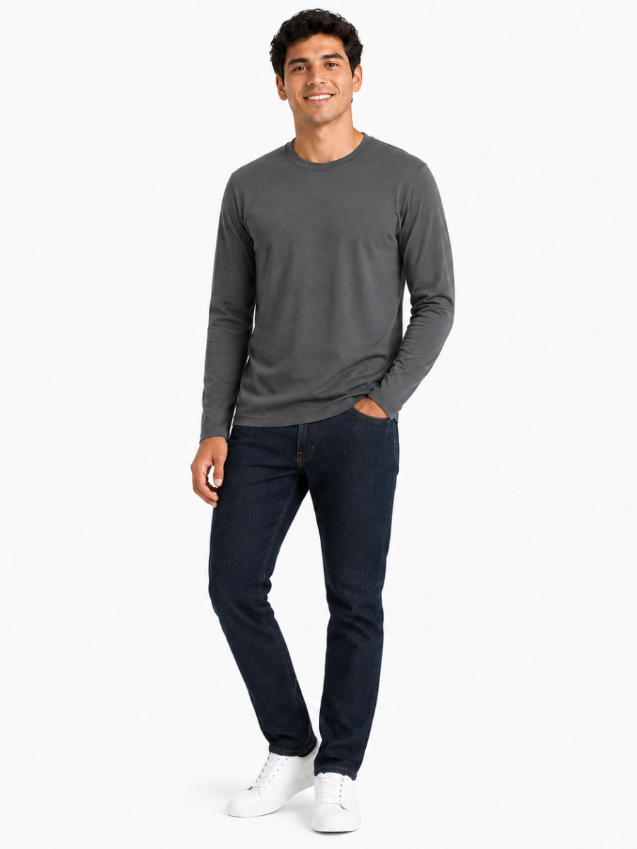 Polo Cuello Redondo Manga Larga Gris Oscuro Algodón Jersey Hombre