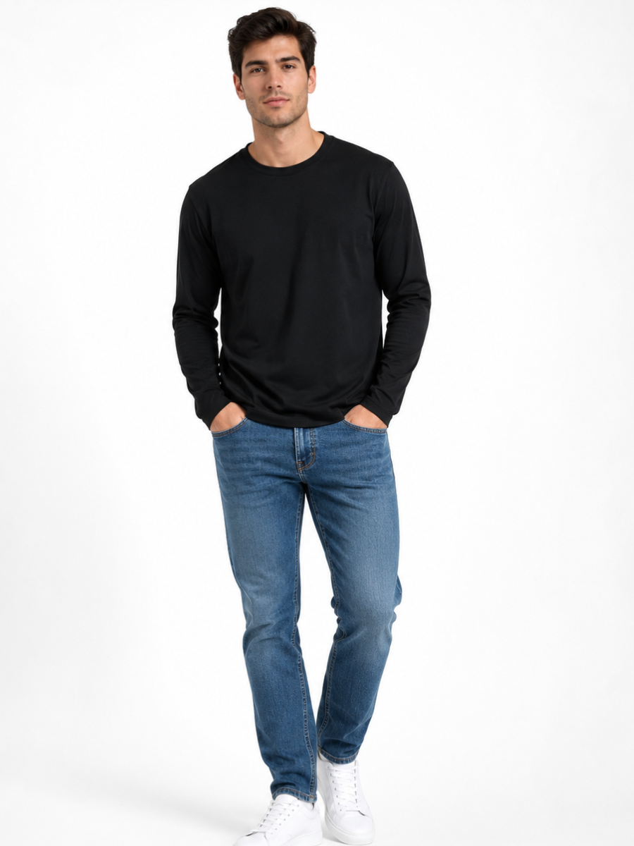 Polo Cuello Redondo Manga Larga Negro Algodón Jersey Hombre