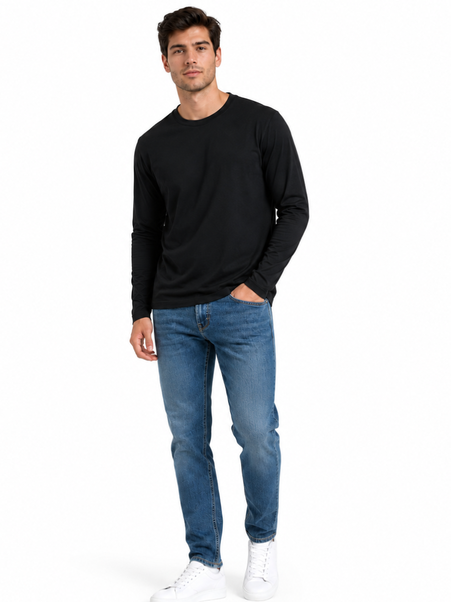 Polo Cuello Redondo Manga Larga Negro Algodón Jersey Hombre