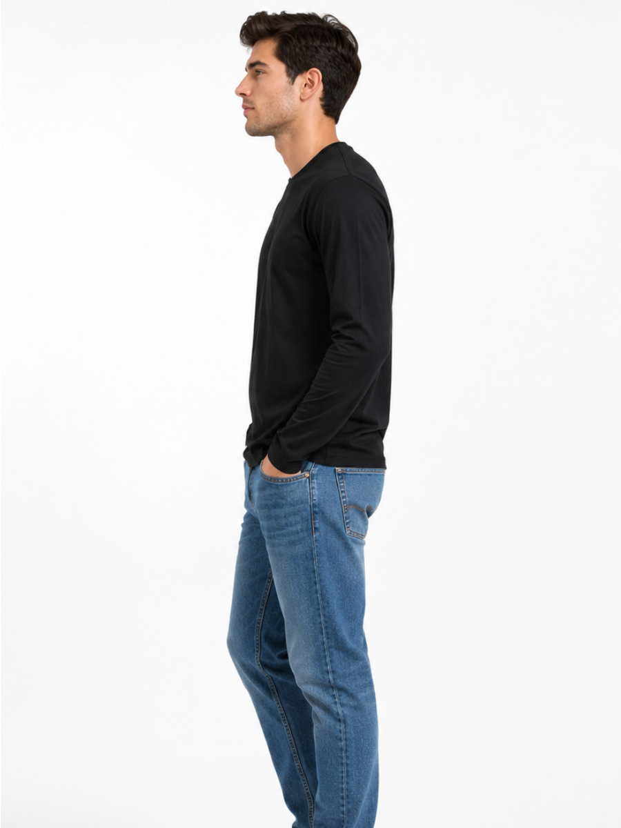 Polo Cuello Redondo Manga Larga Negro Algodón Jersey Hombre