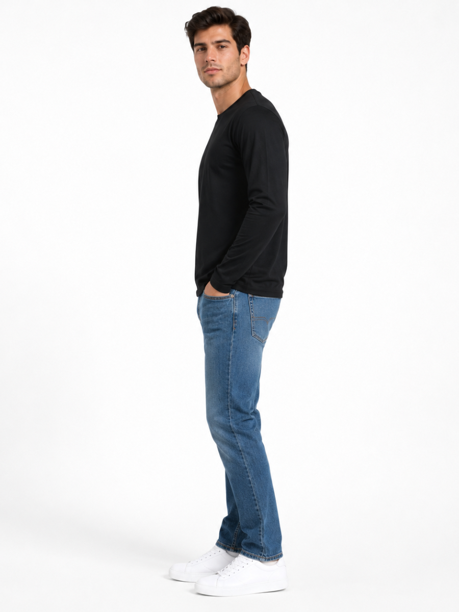 Polo Cuello Redondo Manga Larga Negro Algodón Jersey Hombre