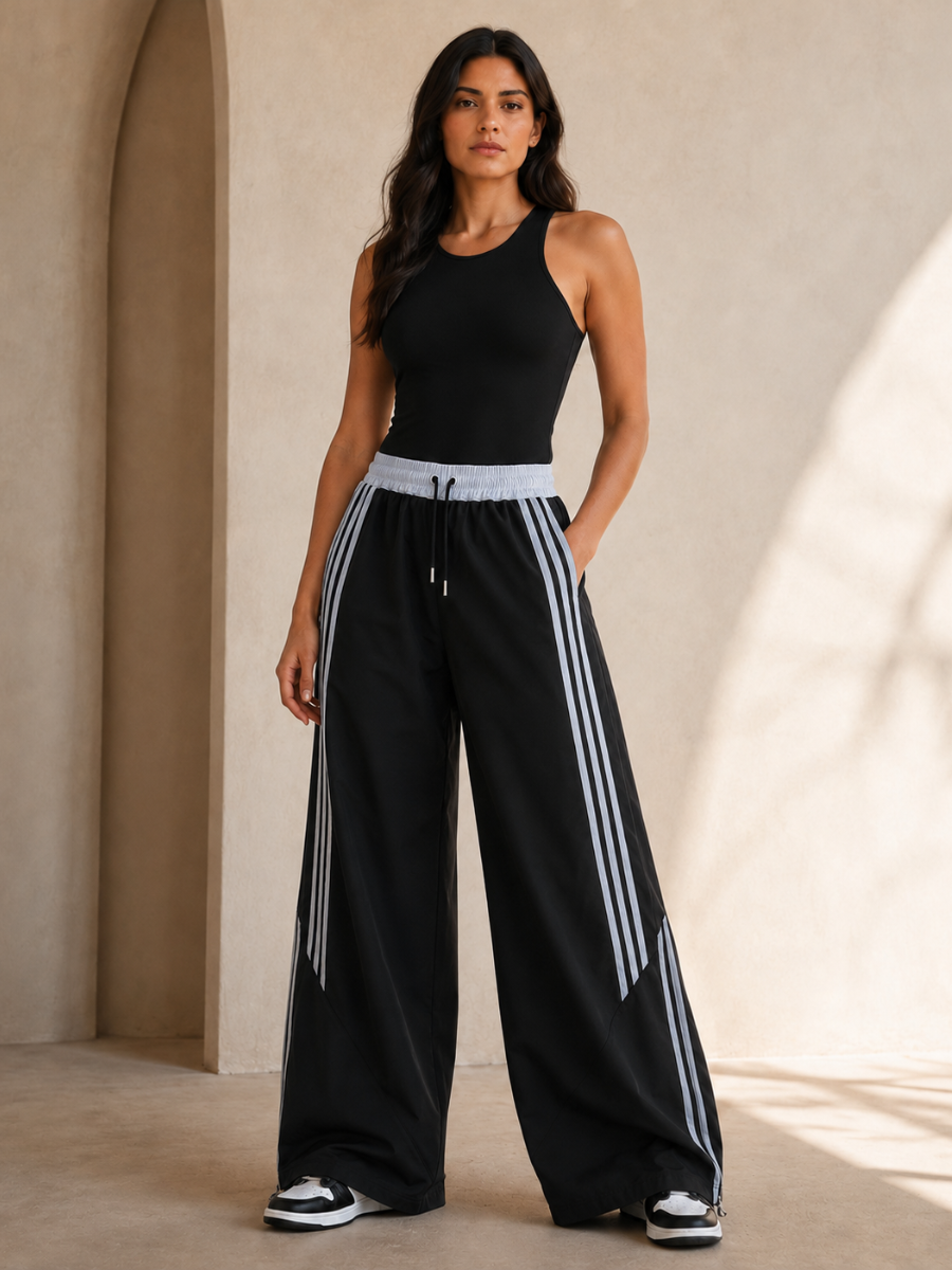 Pantalón Deportivo Parachute Tela Nova Mujer Negro Blanco | Franjas Bicolor | ENKI ModaStyle