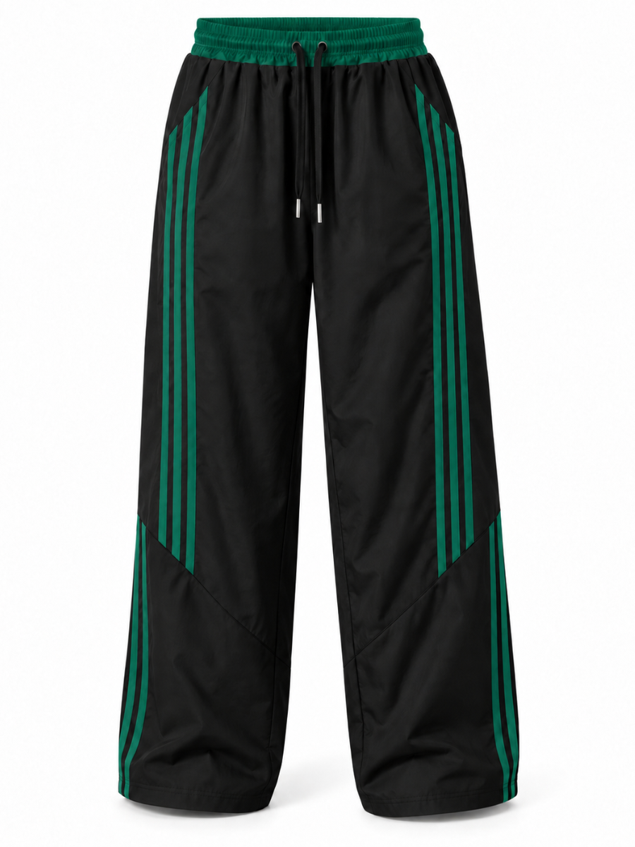 Pantalón Deportivo Parachute Tela Nova Hombre Negro Verde | Franjas Bicolor | ENKI ModaStyle