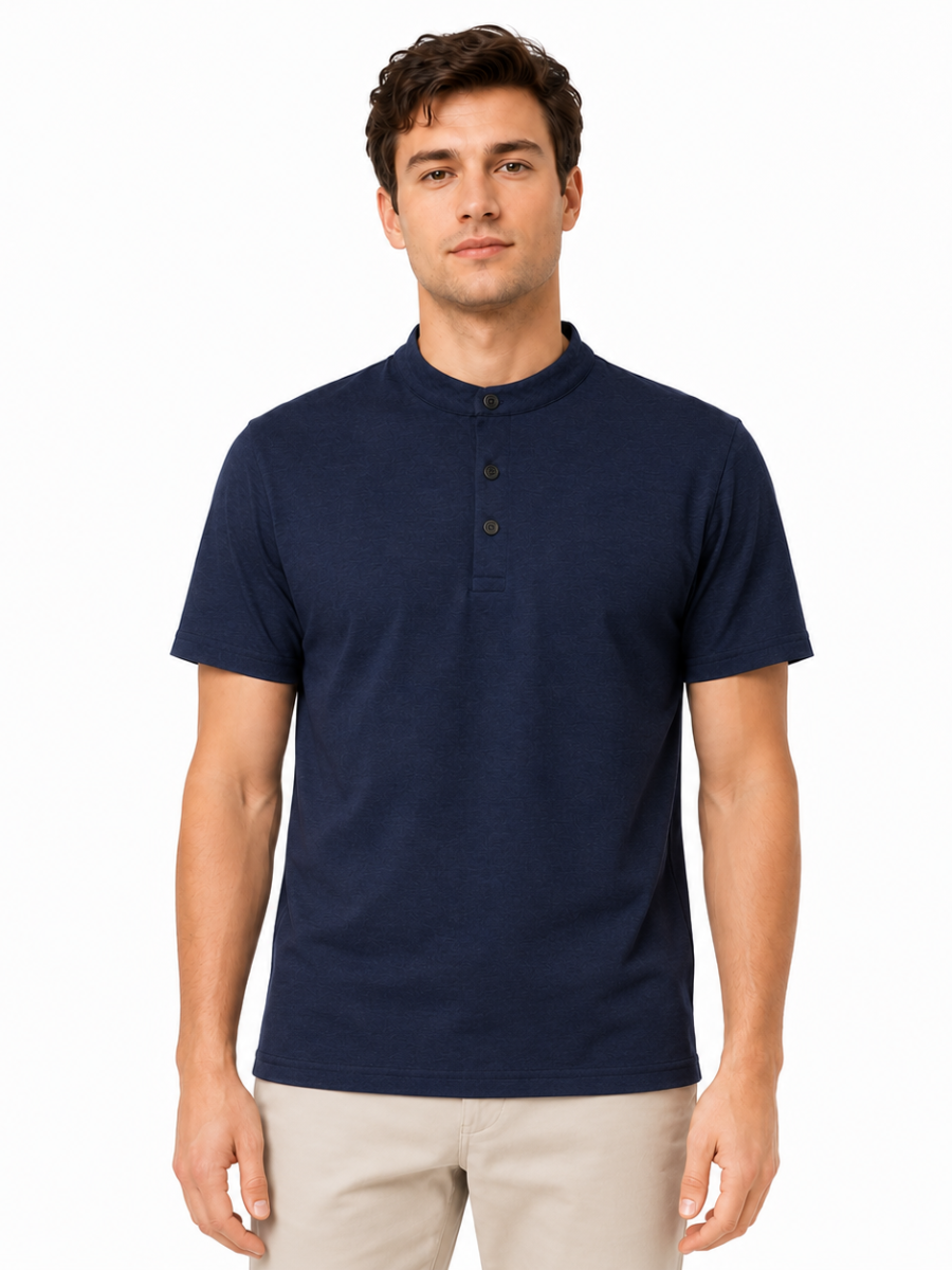 Polo Cuello Mao Azul Navy Algodón Jersey Hombre