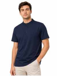 Polo Cuello Mao Azul Navy Algodón Jersey Hombre