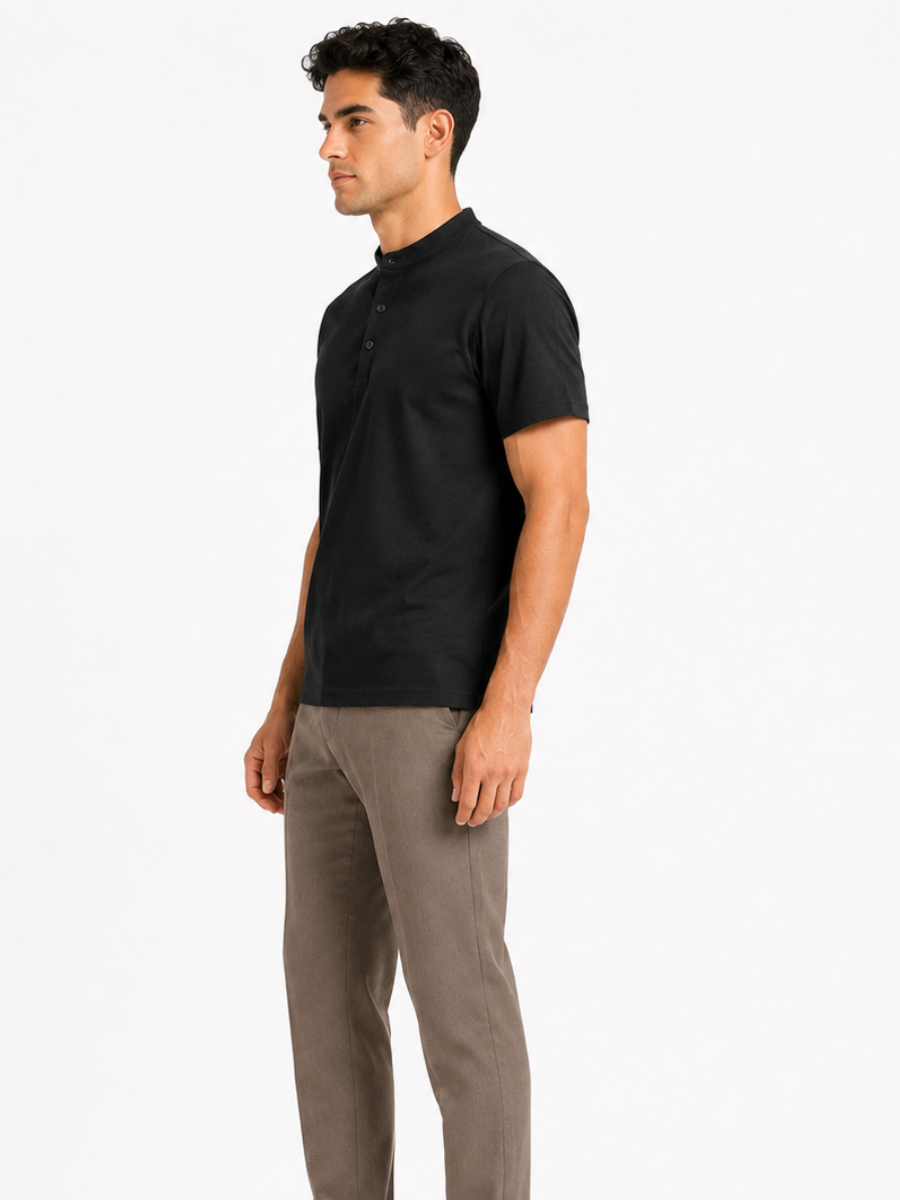 Polo Cuello Mao Negro Algodón Jersey Hombre