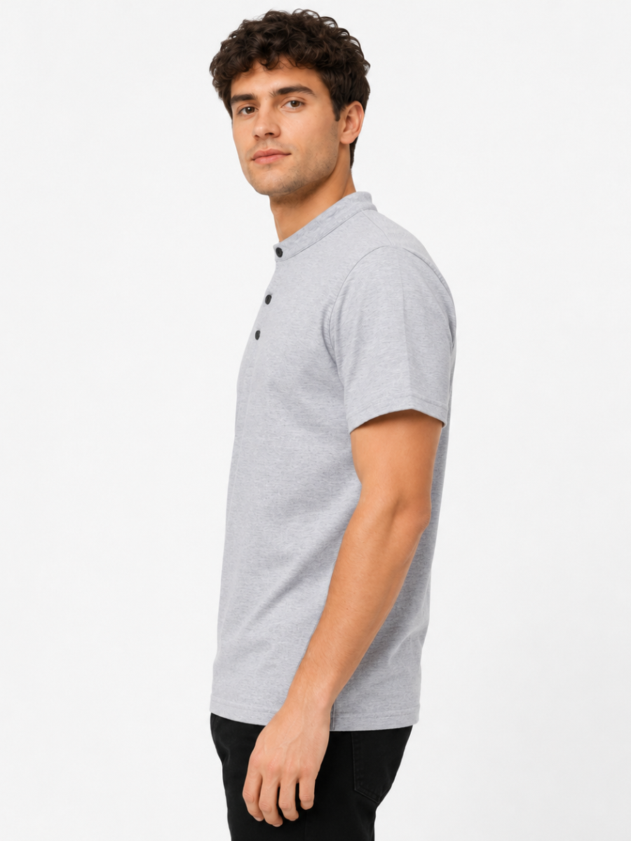 Polo Cuello Mao Gris Melange Algodón Jersey Hombre