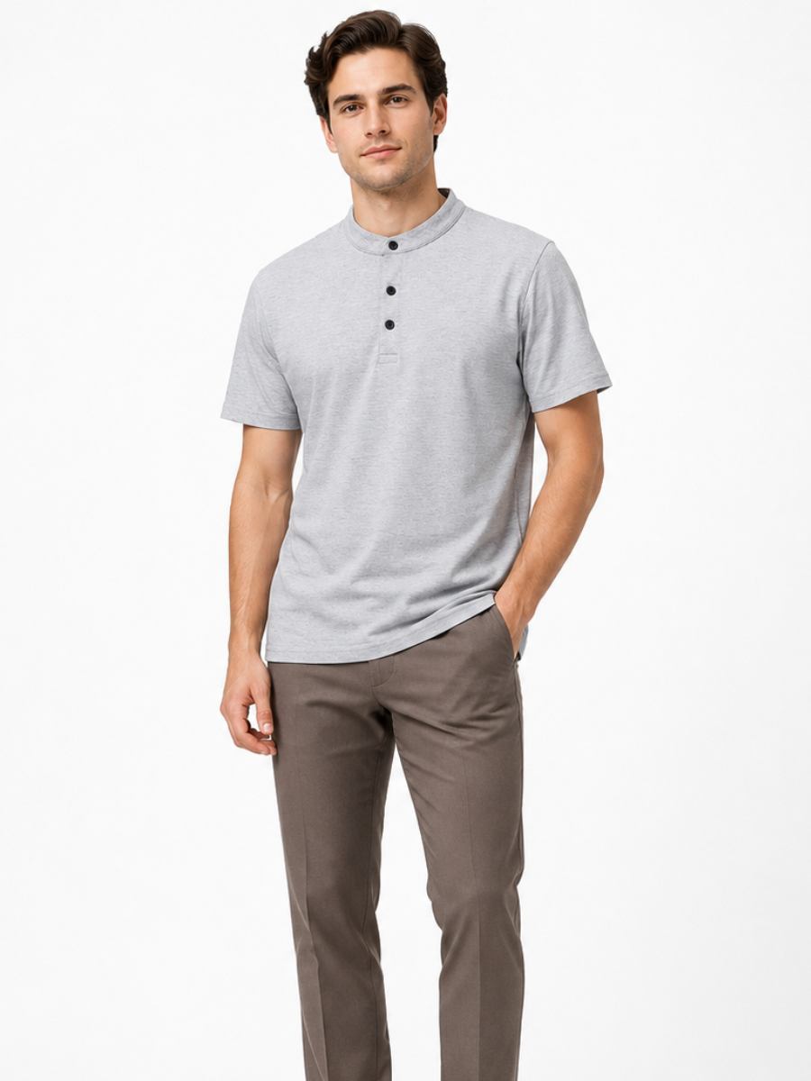Polo Cuello Mao Gris Melange Algodón Jersey Hombre